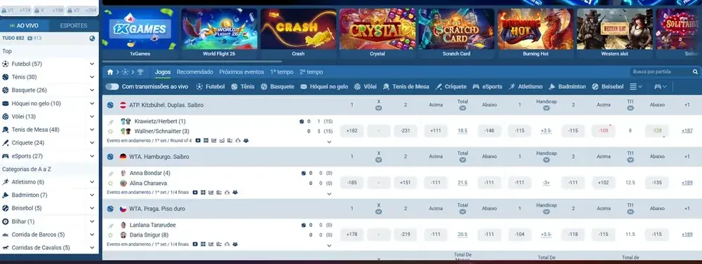 Linha ao vivo da 1xBet com partidas de tênis e futebol e odds em tempo real
